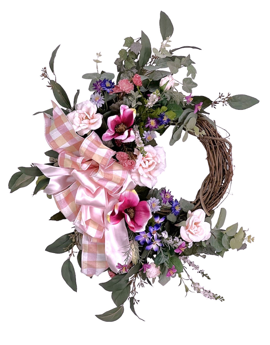 Pink Rose and Burgundy Magnolia Spring Wreath/ENG349 - April's Garden