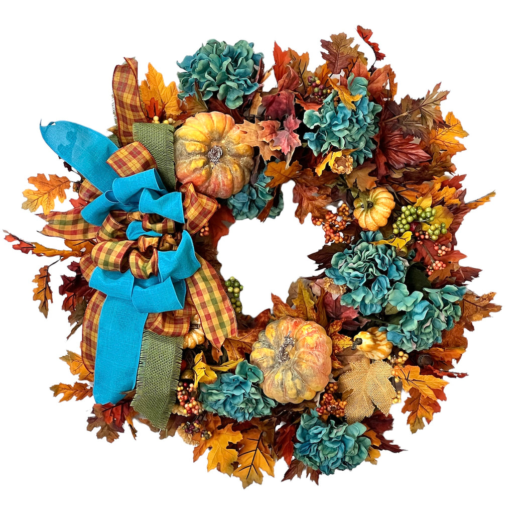 Teal Hydrangea Silk Floral Floral Fall Wreath with Mini Pumpkins/Harv168