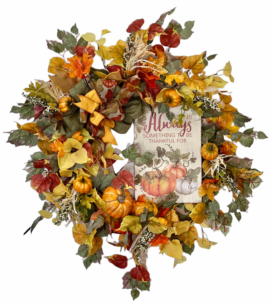 Light Orange Silk Floral Fall Wreath with Fall Plaque and Pumpkins/Harv208