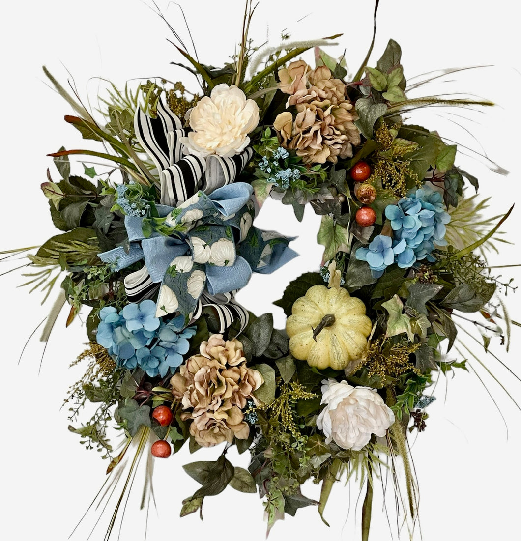 Taupe and Blue Hydrangea Silk Floral Fall Wreath with Pumpkins/Harv215