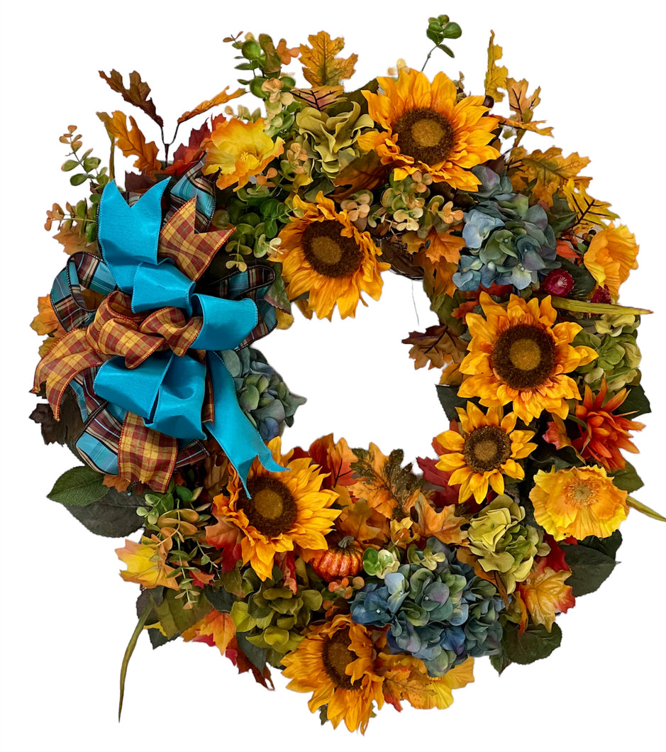 Gold Sunflower Silk Floral Fall Wreath with Hydrangeas/Harv227 - April's Garden