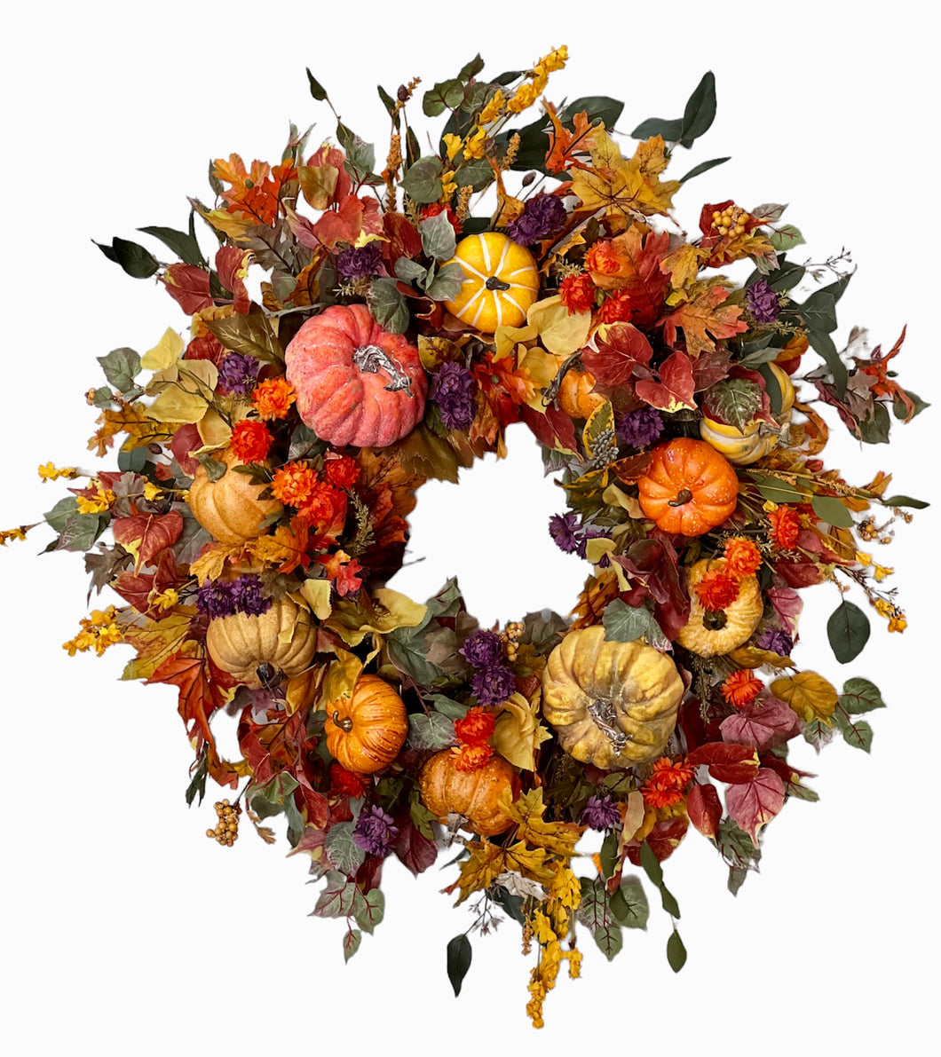 Mixed Fall Leaves and Pumpkins Silk Floral Extra Large Fall Wreath/Harv249 - April's Garden