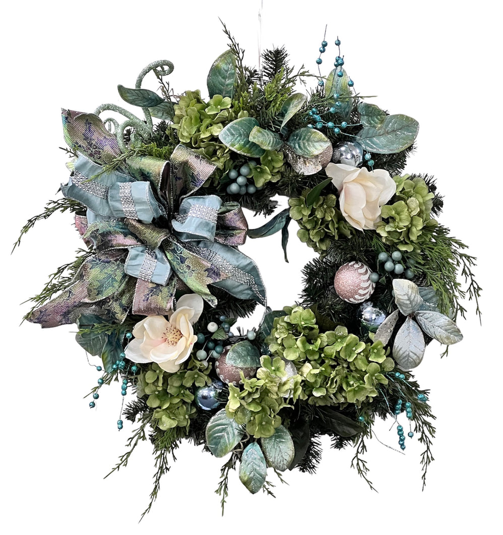 Cream Magnolia and Green Hydrangea Silk Floral Winter Holiday Wreath/HOL143 - April's Garden