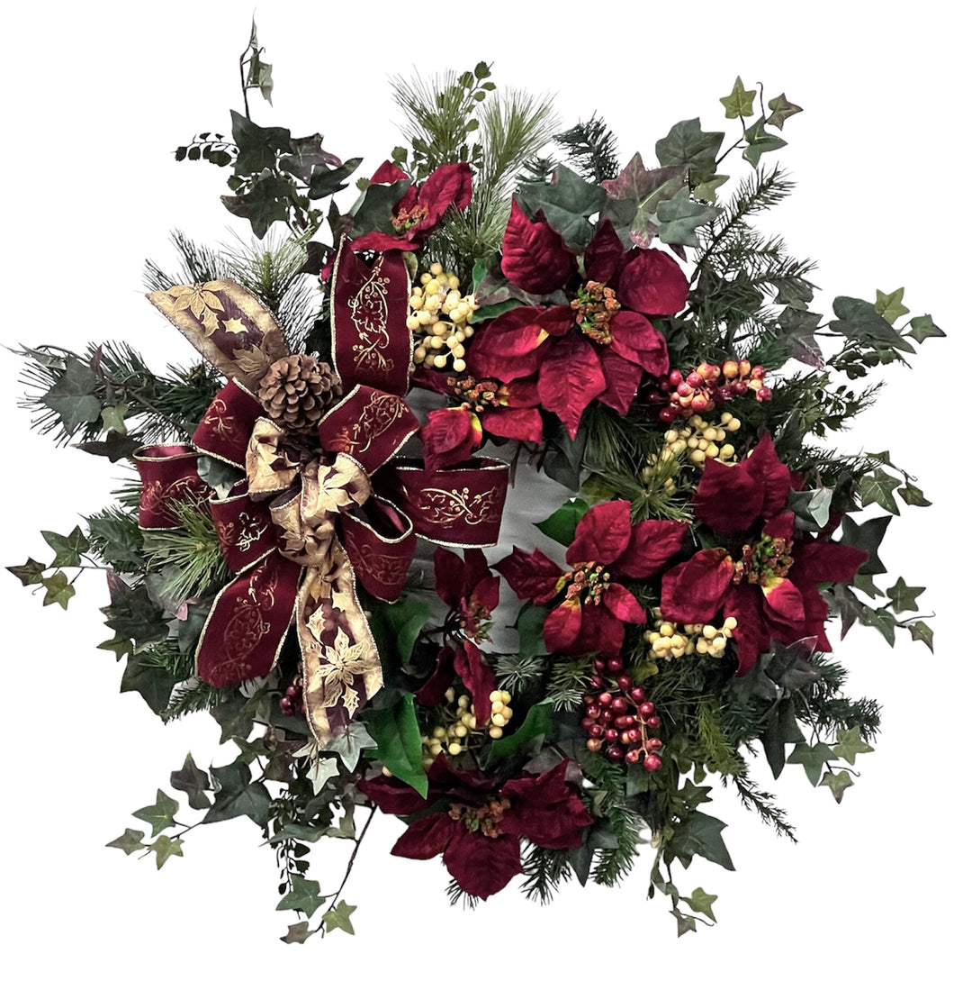 Burgundy Poinsettia Silk Floral Holiday Christmas Wreath/HOL15 - April's Garden