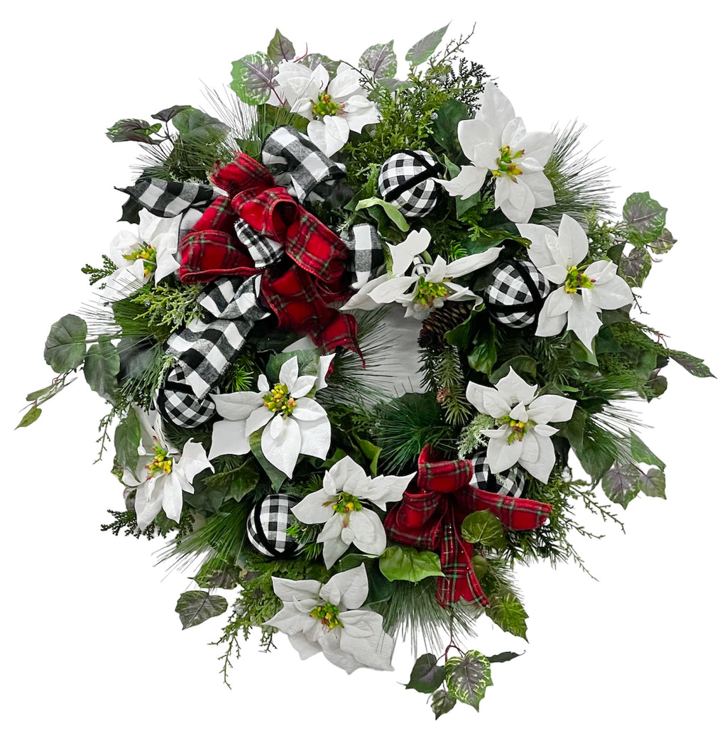 White Poinsettia Silk Floral Winter Wreath w. Buffalo Plaid Decor/HOL98 - April's Garden