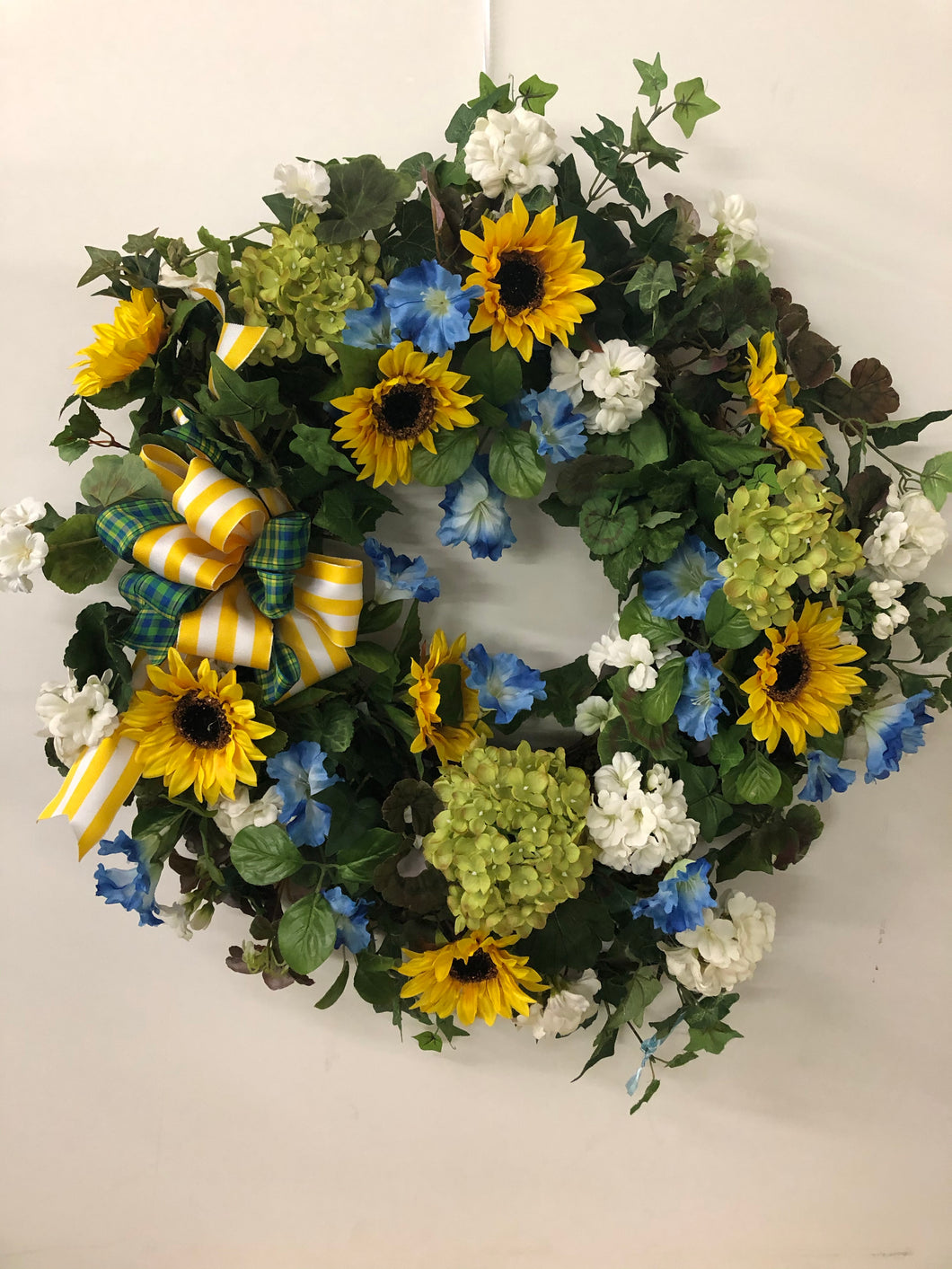 Green, Blue and Yellow Silk Floral Sunflower Summer Wreath/Ver35 - April's Garden Wreath