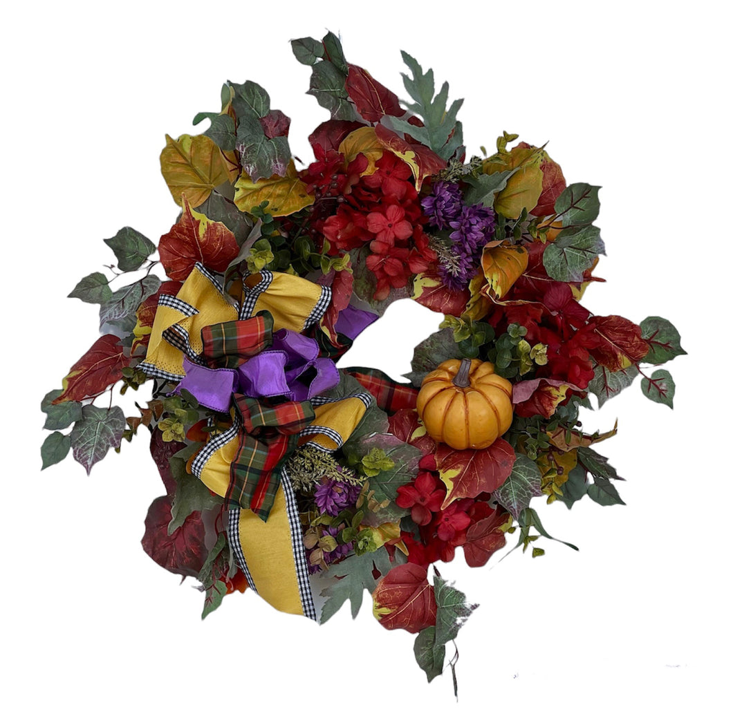 Red Hydrangea Silk Floral Fall Wreath with Pumpkin/Harv229