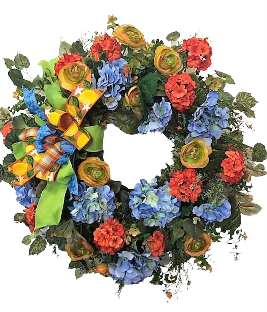Blue and Orange Silk Floral Spring Summer Extra Large Wreath with Hydrangeas/VER39 - April's Garden