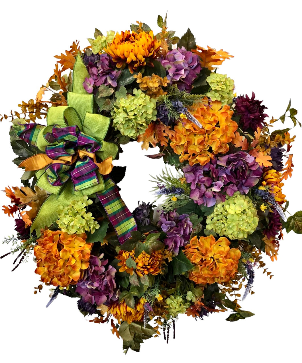 Gold, Purple and Lime Silk Floral Extra Large Fall Hydrangea Wreath/HARV47