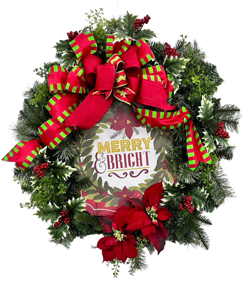 Merry and Bright Poinsettia Silk Floral Wreath with Plaque/Hol159