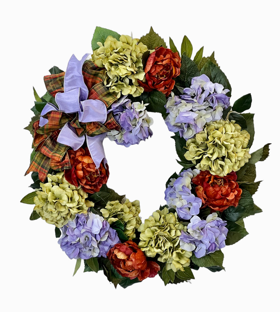 Lavender & Green Hydrangea with Rust Peony Silk Floral Everyday Wreath/ROM35 - April's Garden