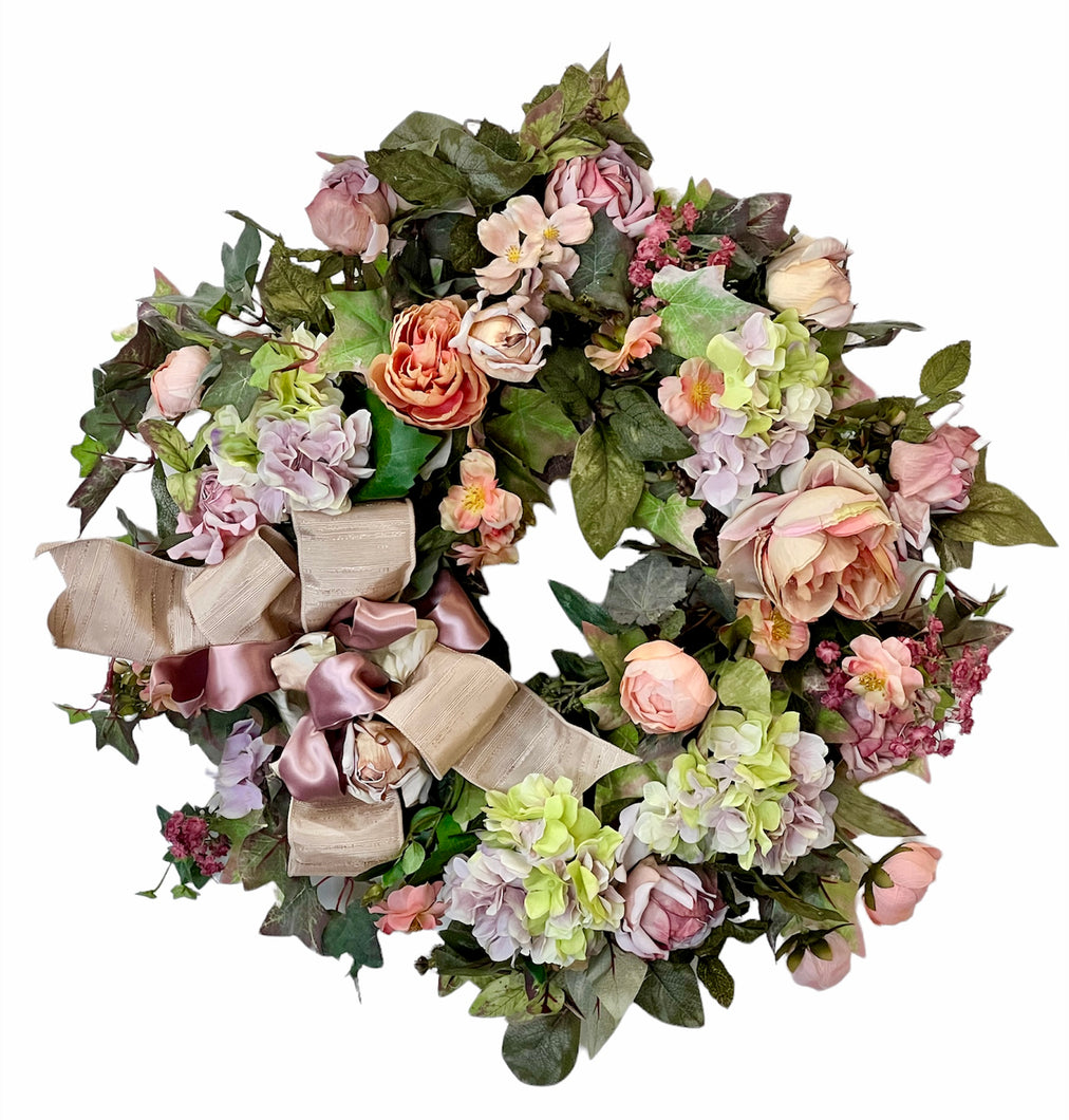 Apricot, Lavender and Mauve Silk Floral Non-Seasonal Everyday Wreath/ROM46 - April's Garden