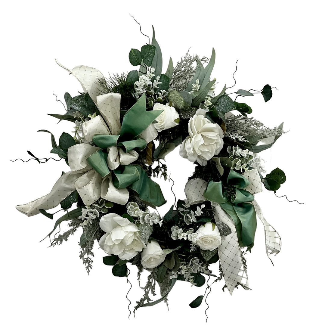 Cream and Green Transitional Winter Wreath/TRANS156