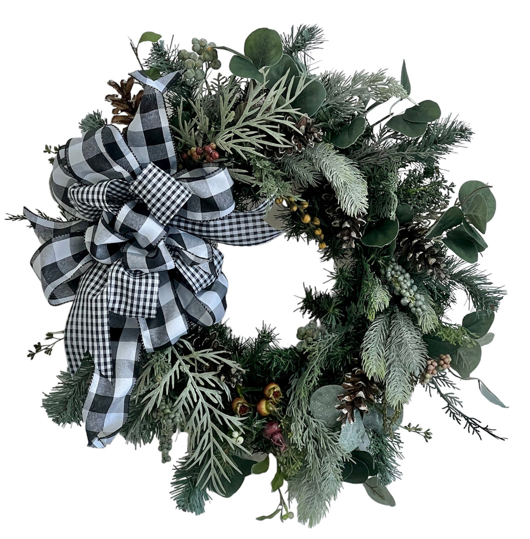 Mixed Winter Greens, Pinecones and Rose Hip Winter Transitional Wreath/Trans158 - April's Garden