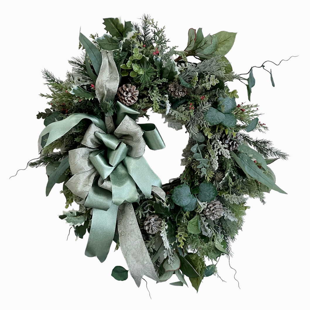 Sage Green, Holly and Small Pinecone Transitional Winter Wreath /Trans160