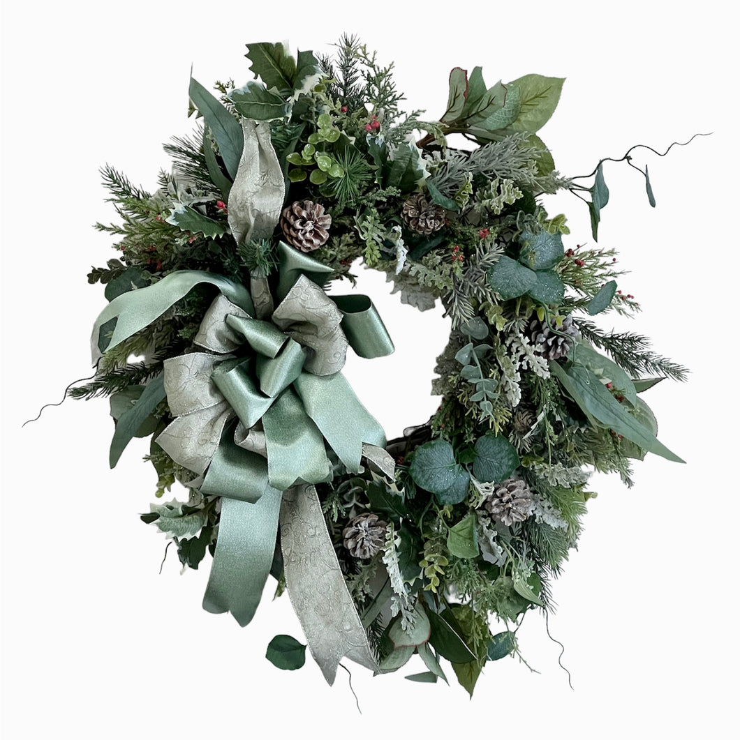 Sage Green, Holly and Small Pinecone Transitional Winter Wreath /Trans160