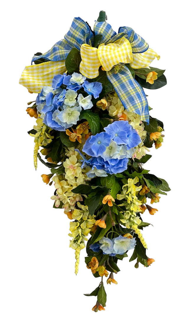 Blue and Yellow Silk Floral Summer Swag with Hydrangeas/Ver137 - April's Garden